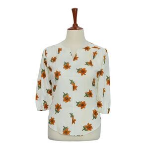 Womens Silky Blouse Floral White Orange 3/4 Sleeve V-Neck Loose Casual Top Large
